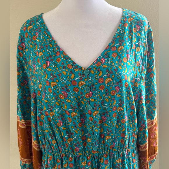 Bohemian Teal and Brown Maxi Dress - Picture 3 of 7